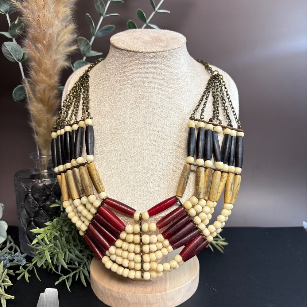 Tribal Wood Acrylic Necklace | Statement Bib Piece | Boho Chunky Jewelry